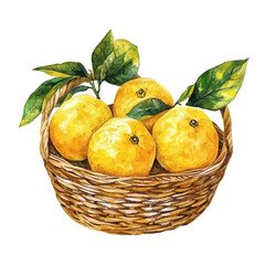 Yuzu Fruit Basket, watercolor vector, isolated on a white background.