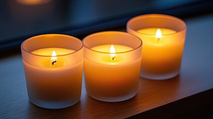 Burning Candles in Glass Jars on Wooden Surface