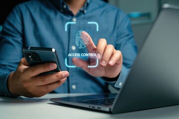 A person interacting with a smartphone and a laptop via a fingerprint access control interface.