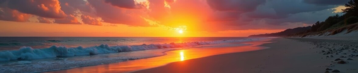 Leuchtender Sonnenuntergang, Sandstrand im Vordergrund, Stille, K?ste