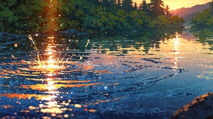 Naklejka premium Vibrant sunset light streams onto a serene river as water droplets splash, creating a magical, painterly scene in nature's embrace.