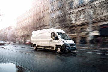 Fast delivery van navigating through a bustling city street during daylight hours