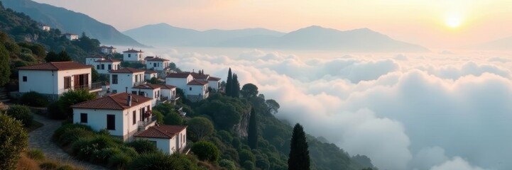 Obraz premium Misty morning shrouds Tivissa's rooftops; valley below visible , valley, buildings