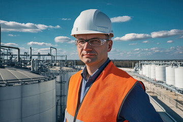 Engineer working at a high-altitude electrical substation under a sunny blue sky with clouds