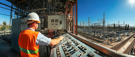 Electrician working at a control panel in high voltage substation under bright daylight