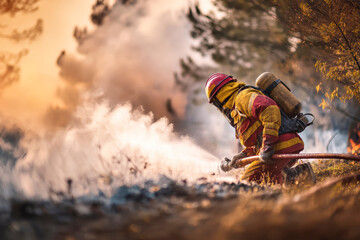 Firefighter actively extinguishing forest fire with water hose during sunset in nature
