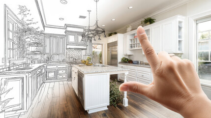 Hands demonstrating kitchen design concepts with photorealistic and sketch elements in a modern setting