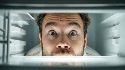 Man shows surprise while looking into an open refrigerator with an empty plate in hand, captured in hyperrealistic style