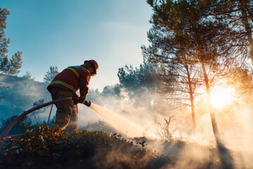 Firefighter battling forest fire using water hose near trees during sunset in nature