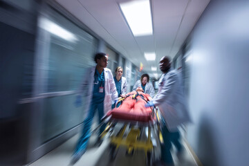 Emergency room staff rush patient on gurney through hospital corridor with urgency and focus