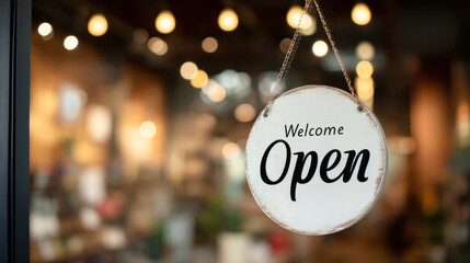 Welcome open sign in a cozy cafe entrance with blurred background lights creating a warm atmosphere