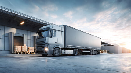 Cargo truck parked at loading area with open trailer door filled with goods against blue cloudy sky