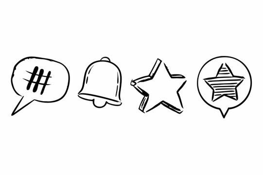 Hand-Drawn Social Media and Notification Icons. Hashtag, Bell, Star, Favorite, Speech Bubble, Alert, and More. Sketch Vector Icon.