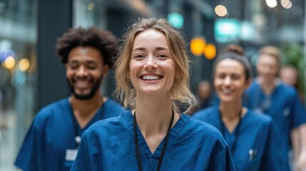 Obraz premium Smiling Healthcare Team in Blue Scrubs Walking in Hospital Corridor