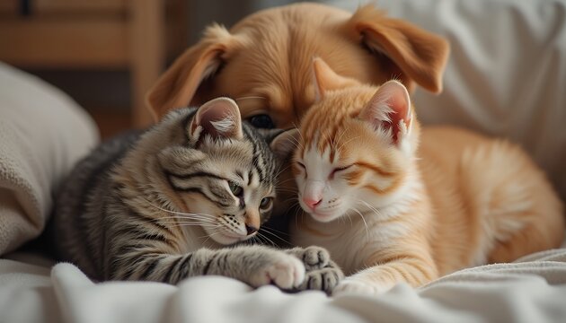 Dog and kittens resting together indoors - Powered by Adobe