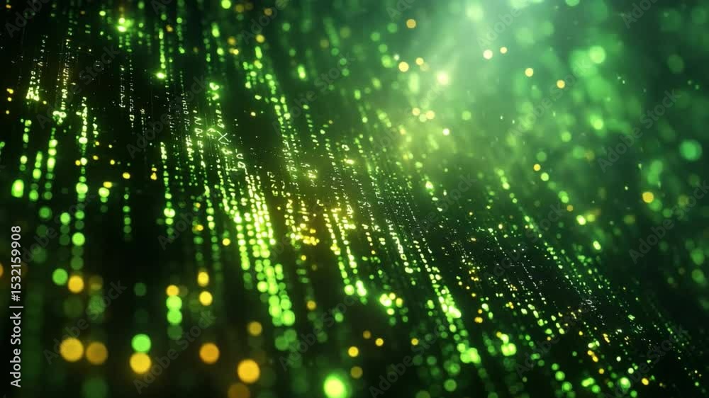 Poster Digital Data Stream: Dynamic stream of green data particles cascades, creating a vibrant display of technological evolution. Capturing the essence of innovation and futuristic concepts.