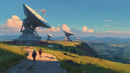  Hikers Passing Giant Satellite Dishes on a Mountain Plateau – Digital Painting