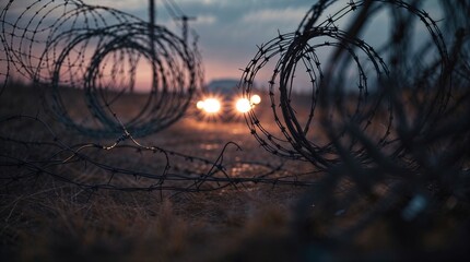 Intriguing encounter at dusk with barbed wire and headlights in a remote landscape