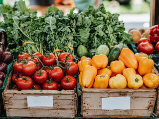 Tomatoes, bell peppers, and greens havest arranged on wooden boxes for selling at the village fair. AI generated