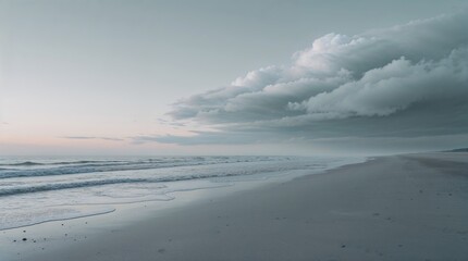 Fototapeta premium Moody seascape at dusk with gentle waves and dramatic clouds on a serene beach
