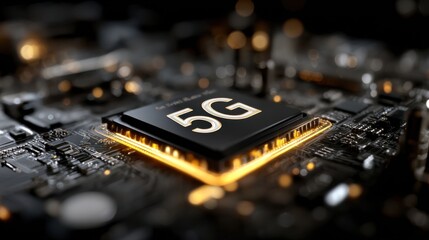 Close-up of black 5G processor glowing on circuit board in futuristic lighting perfect for telecommunication designs, tech product branding and next generation wireless hardware visuals