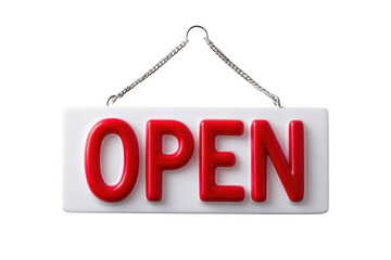 Red open sign hanging on white board isolated on transparent background