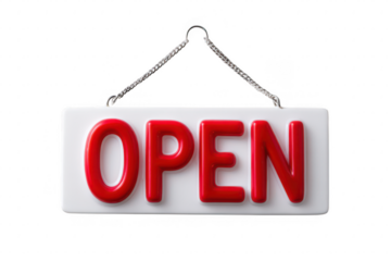 Red open sign hanging on white board isolated on transparent background