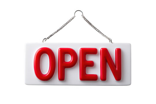 Red open sign hanging on white board isolated on transparent background