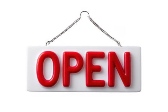 Red open sign hanging on white board isolated on transparent background - Powered by Adobe