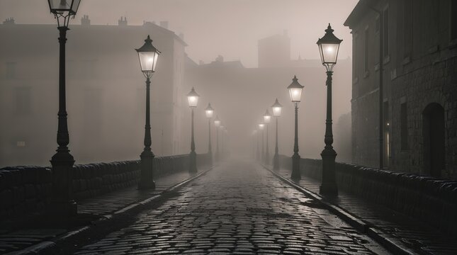 Mysterious fog envelops a cobblestone street lined with glowing street lamps at twilight