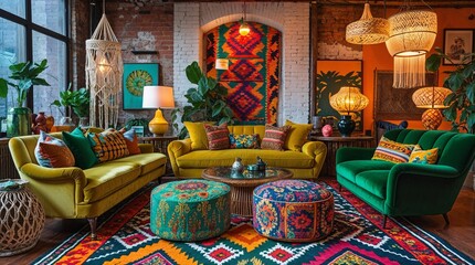 Colorful living room with vibrant decor and cozy furnishing in a chic urban setting