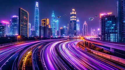Fototapeta premium Futuristic Cityscape Night Highway Lights Traffic Drone Skyscrapers