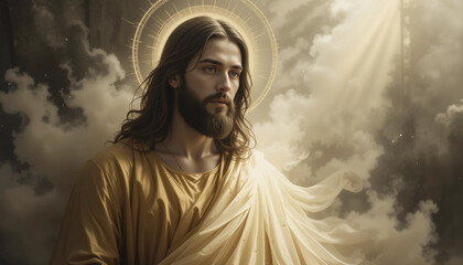 Illuminated Faith: A reverent depiction of a spiritual figure radiates divine presence, cloaked in celestial light amidst ethereal clouds.