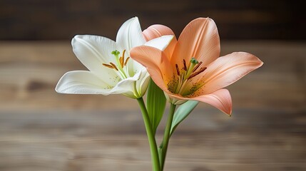 Obraz premium Lilies Flowers in Natural Color on Wooden Background