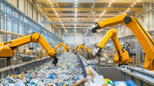 Robotic arms sorting trash on conveyor belt in waste recycling plant