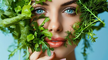 Woman's face partially covered with fresh green herbs and leaves Close up portrait against a light blue background