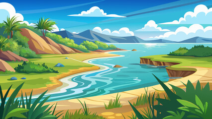 A beach with a body of water and a bunch of grass Very beautiful