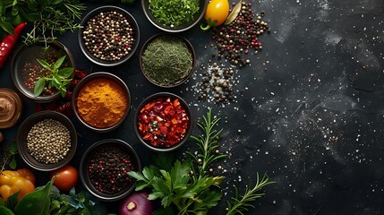 Assorted spices herbs and vegetables arranged on a dark surface Various seasonings in bowls