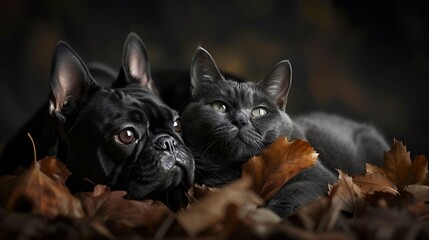 Black French Bulldog and Gray Cat Resting Among Autumn Leaves Black Dog