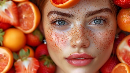 Close up of a freckled woman's face surrounded by strawberries and citrus fruits