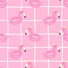 Seamless kawaii pattern featuring pink flamingo inflatables in soft pastel tones, vector perfect for childrens clothing, fabric, and wrapping paper