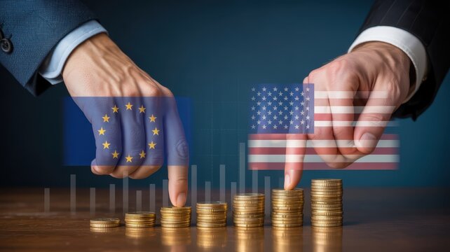 Hands placing coins representing economic growth between the european union and american flags. - Powered by Adobe