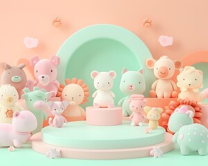 Pastel colored cartoon animal figurines arranged on tiered platforms animals