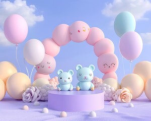 Two pastel blue teddy bears sit on a purple platform surrounded by pastel balloons and flowers