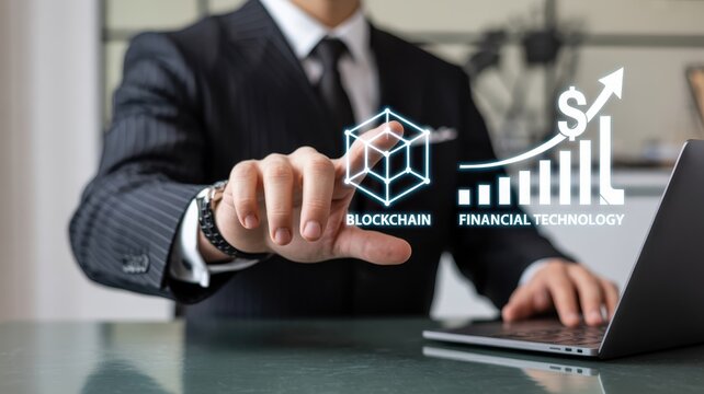 Businessman interacting with a digital display showing blockchain and financial technology concepts.