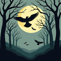 Dark forest with flying birds and full moon at night  