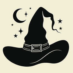 Black witch hat with moon and stars in vintage style  