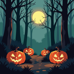Spooky forest path with glowing jack-o'-lanterns under full moon  
