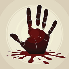 Handprint with red blood splatter on a beige background  