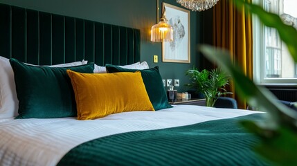 Modern and luxurious bedroom with a large bed in the center. the bed has a dark green velvet headboard and white linens.